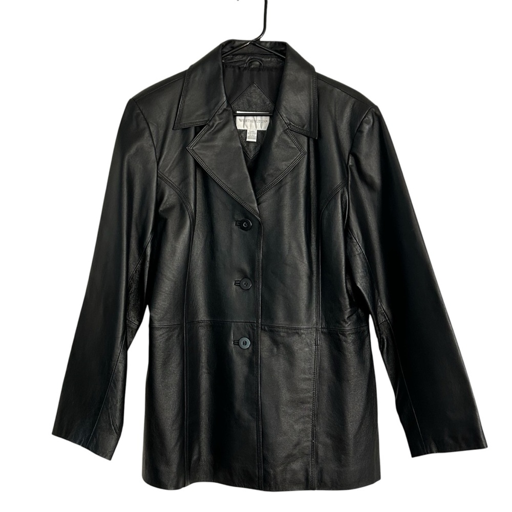 Worthington Black Leather Jacket Women XL Button Down Notch Lapel Collar Pockets